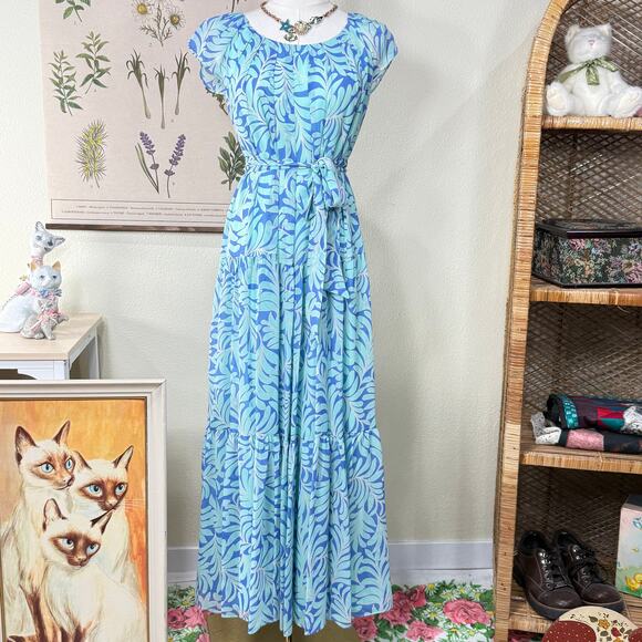 Kate Spade Blue Silk Sea Ferns Tiered Belted Maxi Dress Coastal Grandma Beachy S - Picture 1 of 5